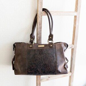 Valenchi Genuine Leather Embossed Shoulder Bag | Brown Zip Top Tote Purse